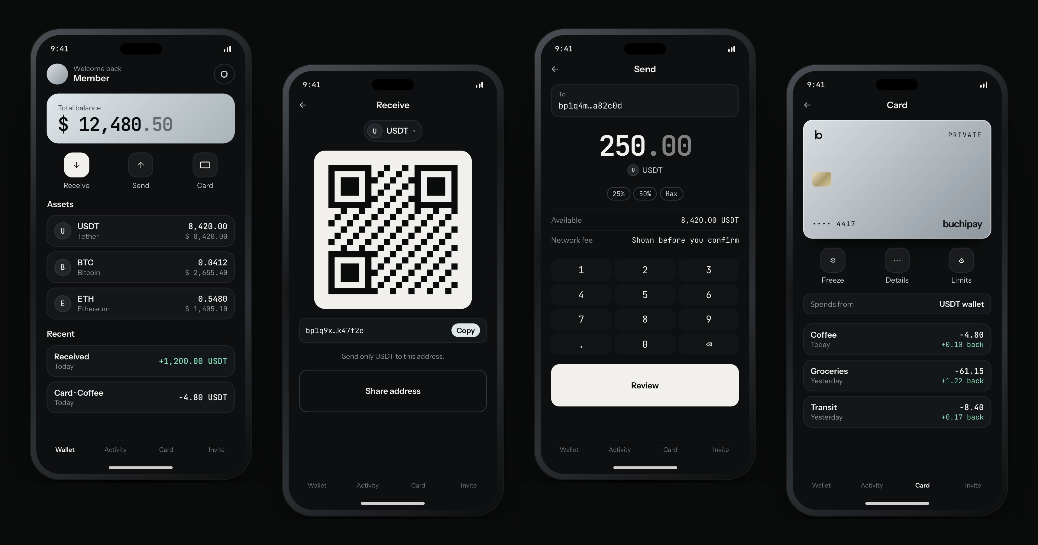 Four BuchiPay wallet screens: total balance, receive, send and card
