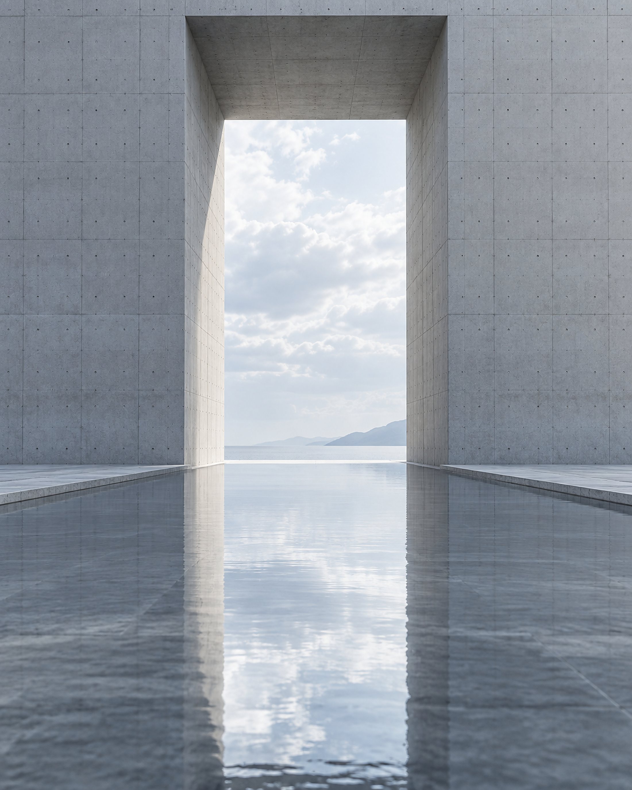 A monumental gateway cut through a concrete wall, opening onto sea and sky, mirrored in a still pool